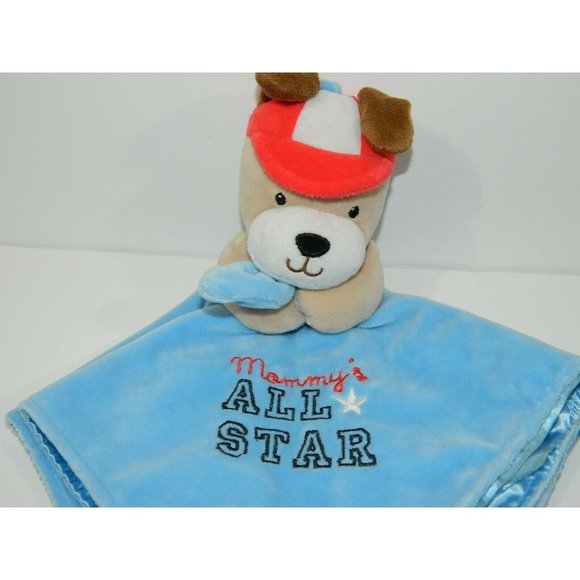 Okie Dokie Mommy's All Star Rattle Puppy Dog Security Blanket Blue Satin Velour - Picture 4 of 6